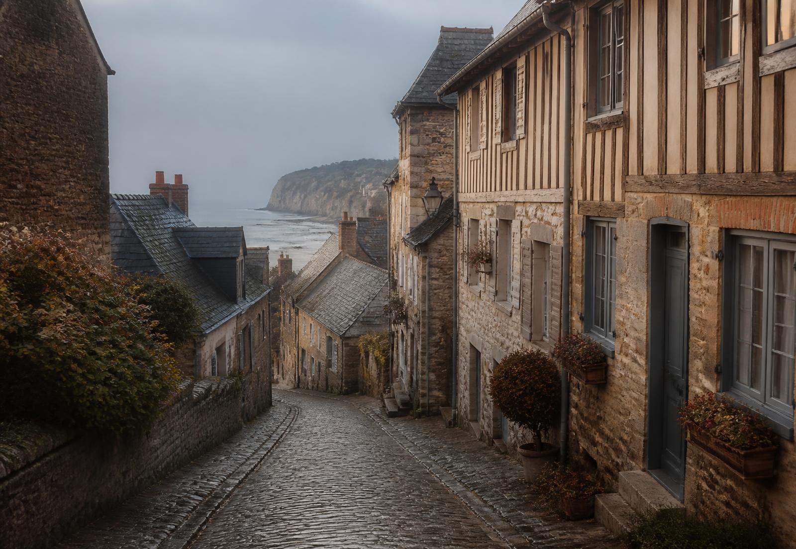 Une rue pavée bordée de maisons en pierre et à colombages