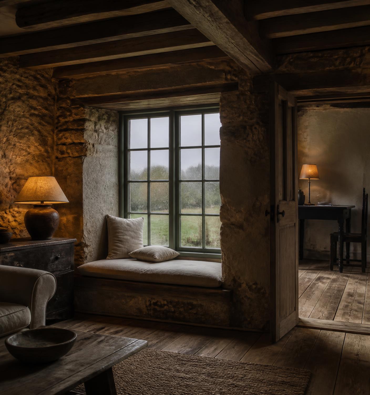 L'intérieur à poutres apparentes d'une vieille maison normande un jour de pluie